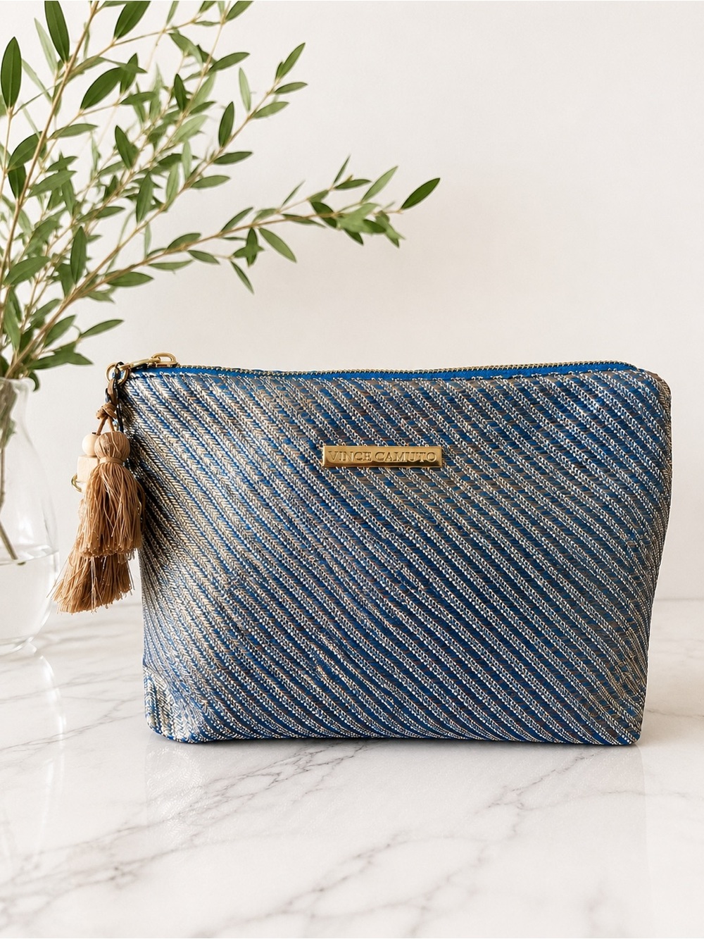 NWT | Vince Camuto Blue Coastal Travel Makeup Cosmetic Bag | Gold Tassel Charm